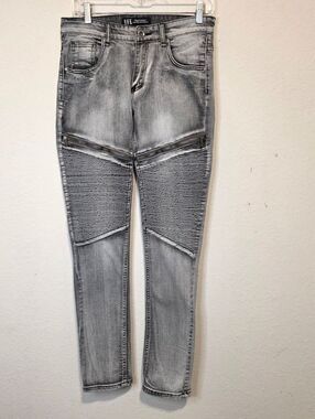 ROK Hand Crafted Biker Jeans Acid Wash Blue Moto Ribbed Streetwear  Size W30 L32